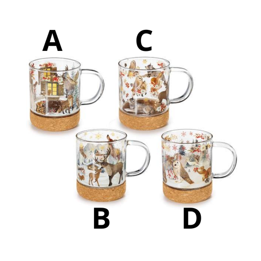 Tazza in vetro con base in sughero - Amici del bosco