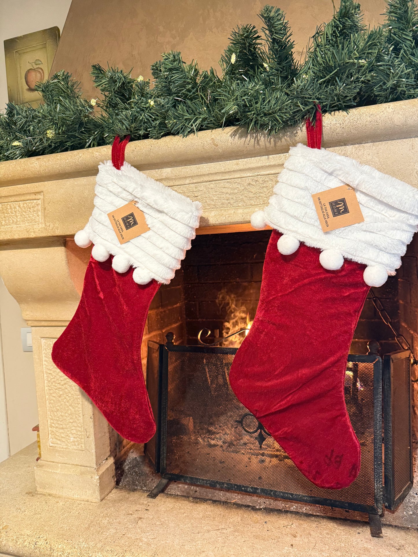 Calza natalizia con pompon in velluto