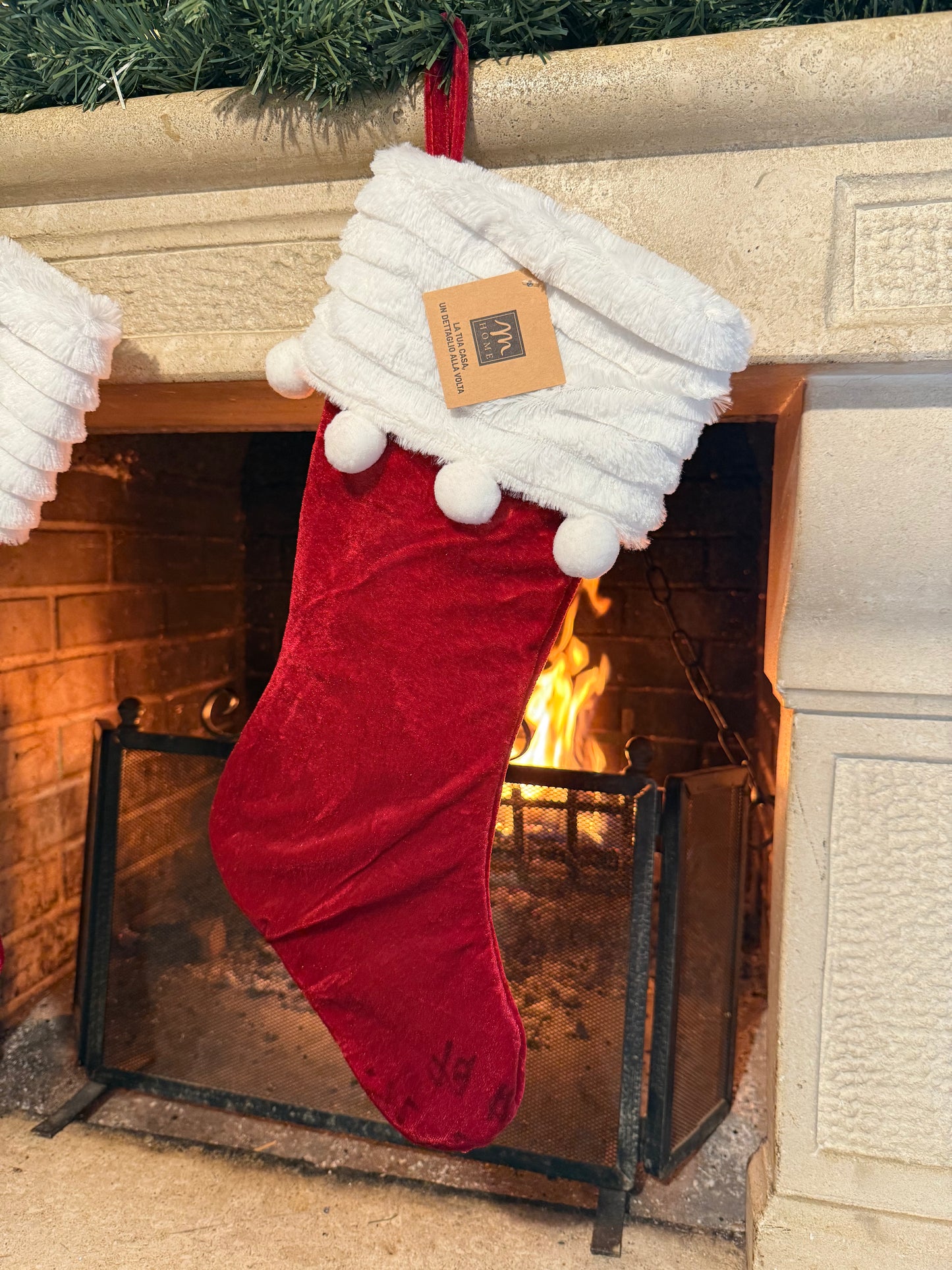 Calza natalizia con pompon in velluto