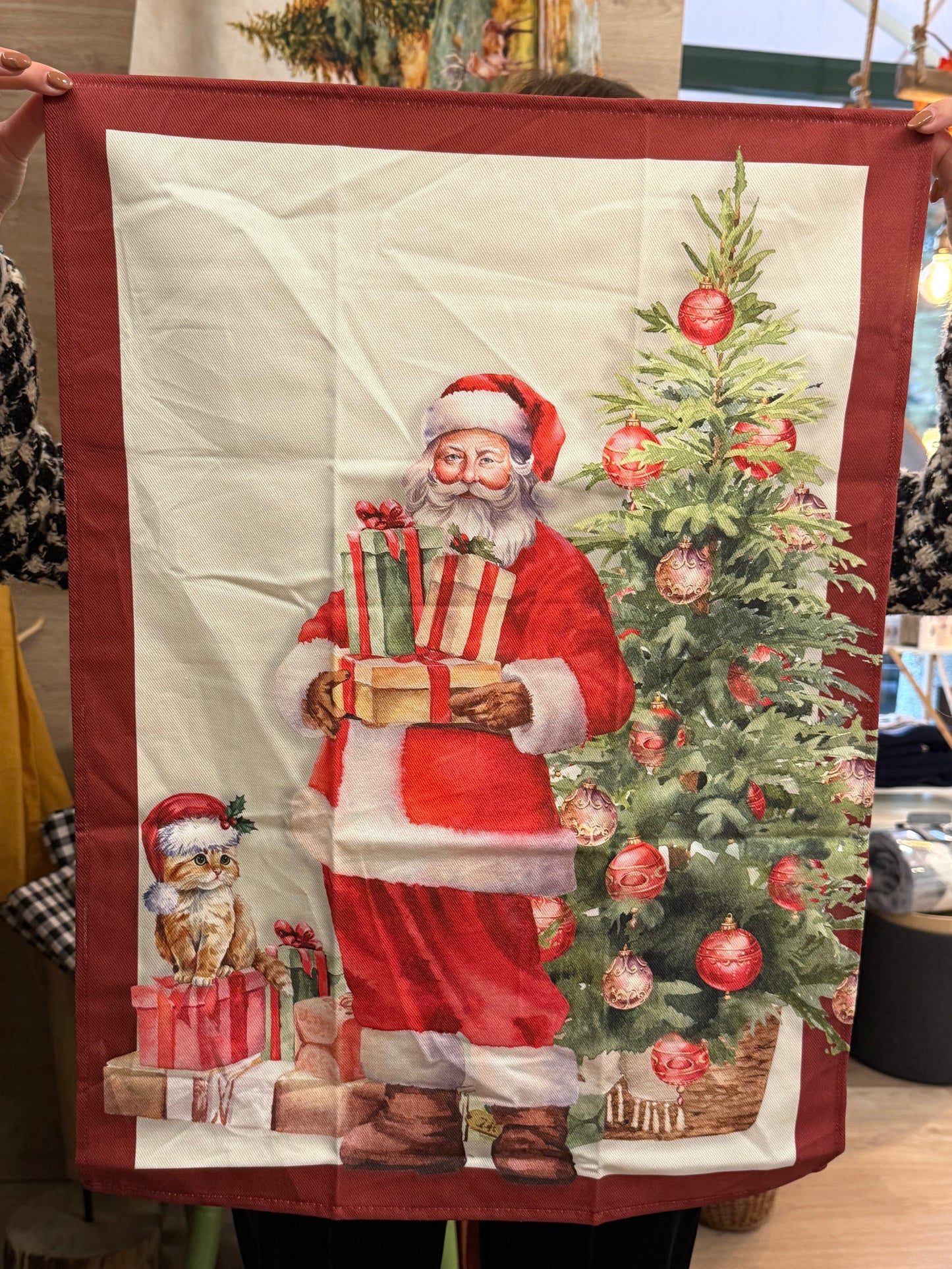 Strofinacci in cotone - Babbo Natale & gattino