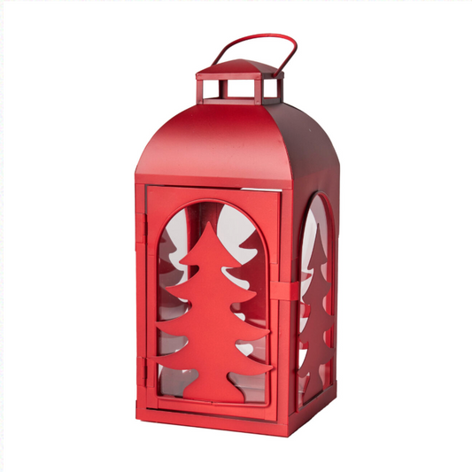 Lanterna di metallo e vetro rossa con pino