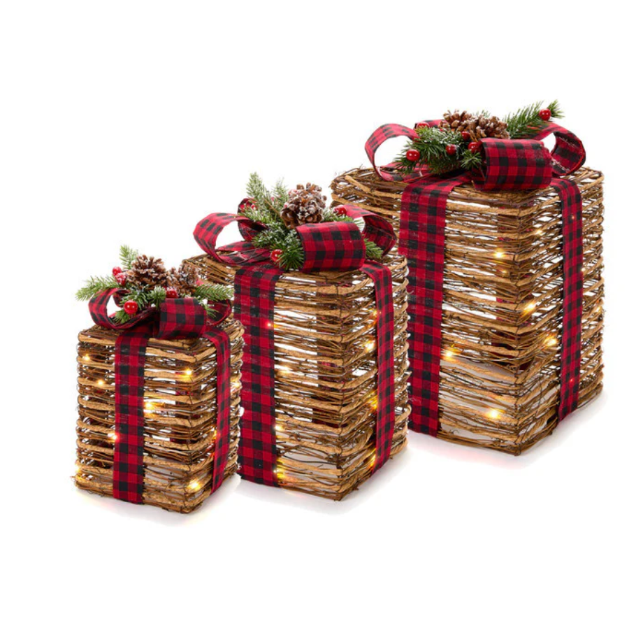 Pacchi regalo in vimini con luci a led - Tre misure