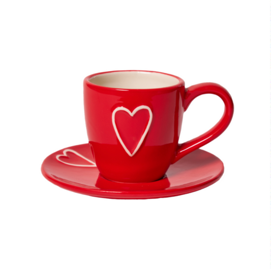 Tazzina + piattino con rilievo a forma di cuore - Rossa